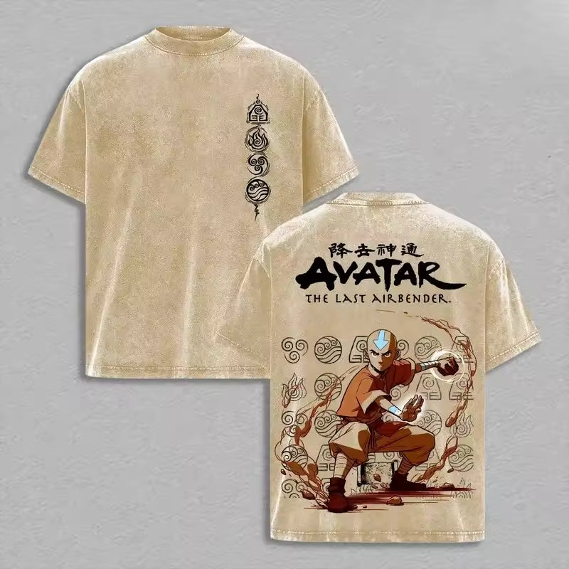 Unisex Avatar: The Last Airbender Aang Four Elements Retro Washed Graphic T-Shirt — Beige - Prime Brick Store